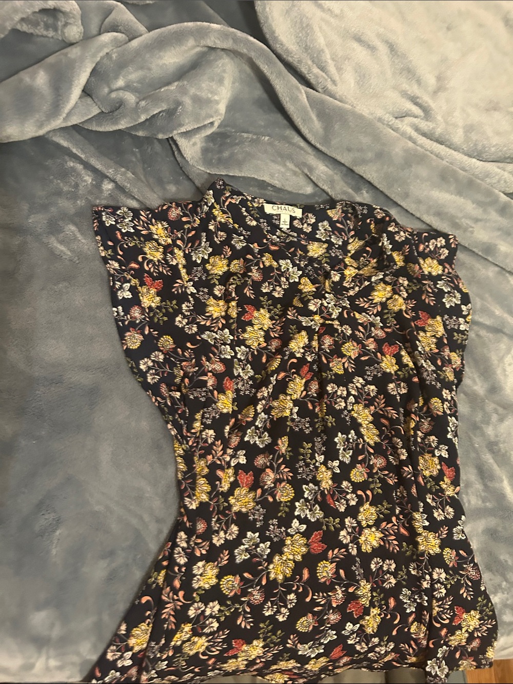 Chaus Black Floral Cap Sleeve Blouse with Yellow & Pink Accents